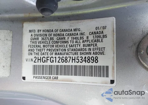 2007 Honda Civic Lx из США, поврежденный, VIN 2HGFG12687H534898